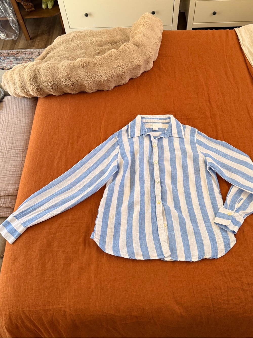 C&C California Womens Blue & White Striped Linen Button-Down Shirt